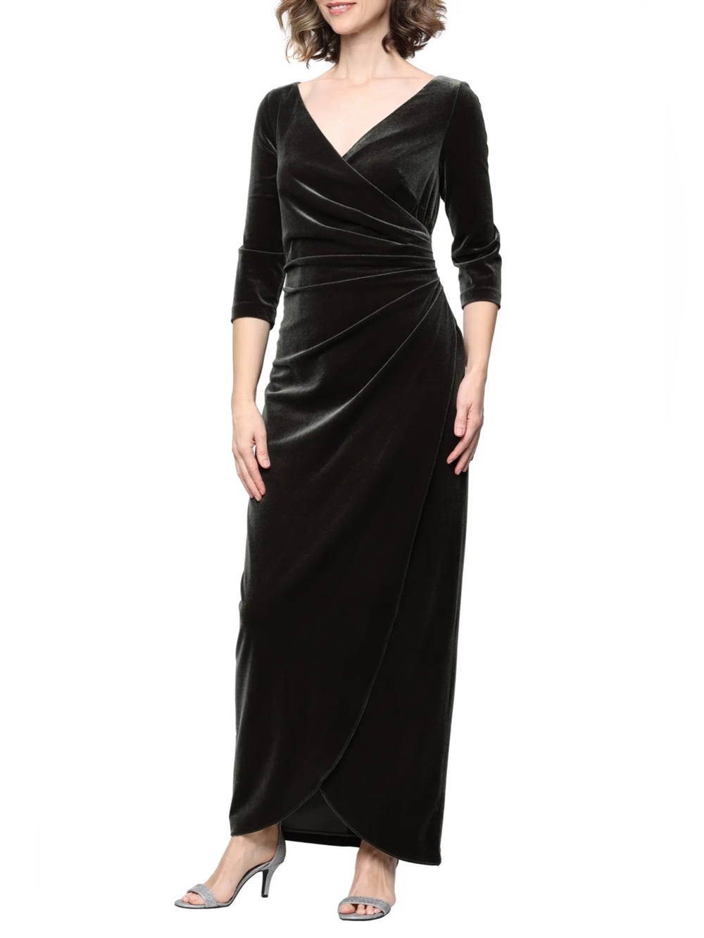 Ruched Three-Quarter Sleeve Velvet Gown